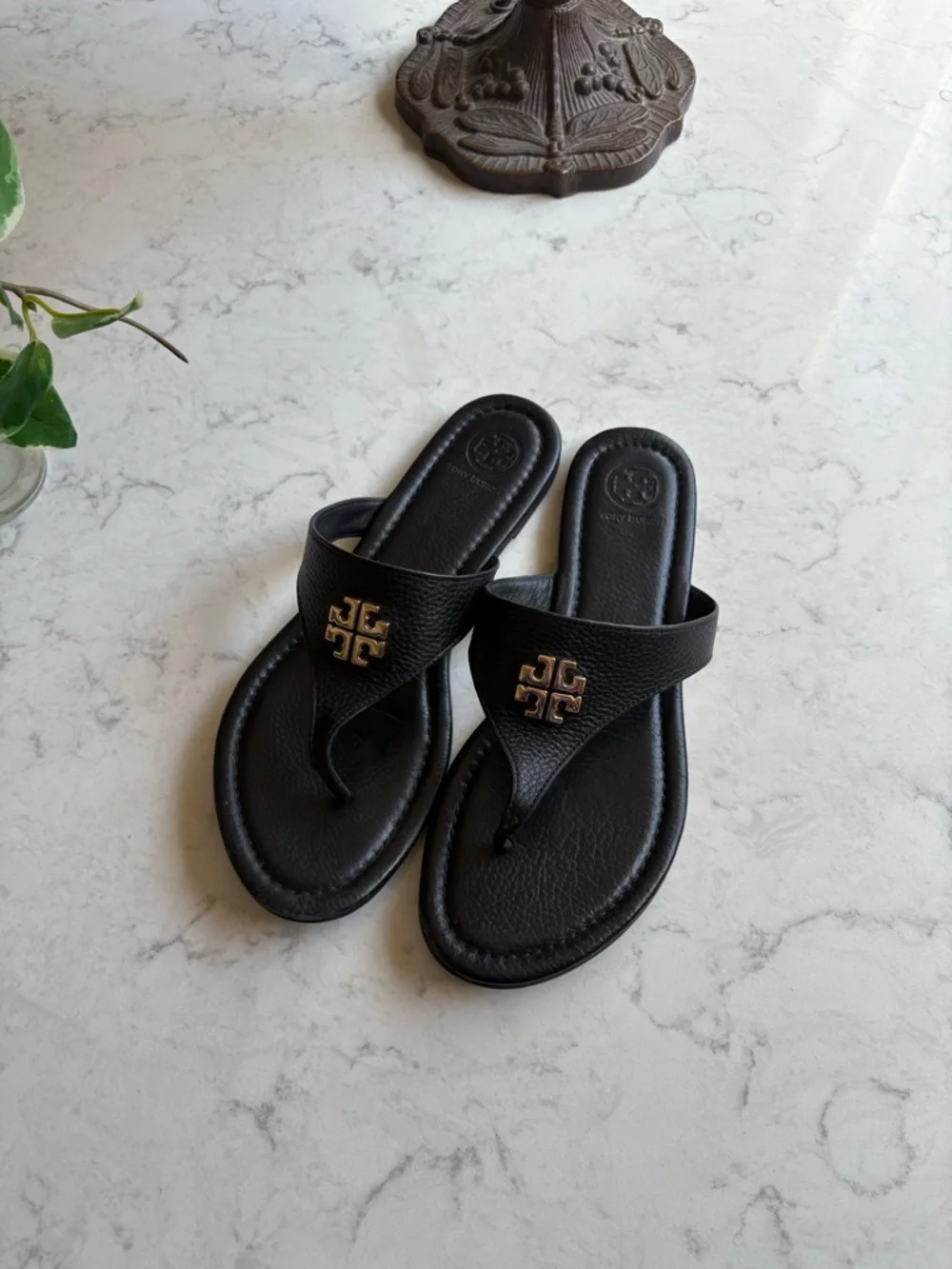 Tory Burch Black Miller Thong Sandals with Gold Logo 8